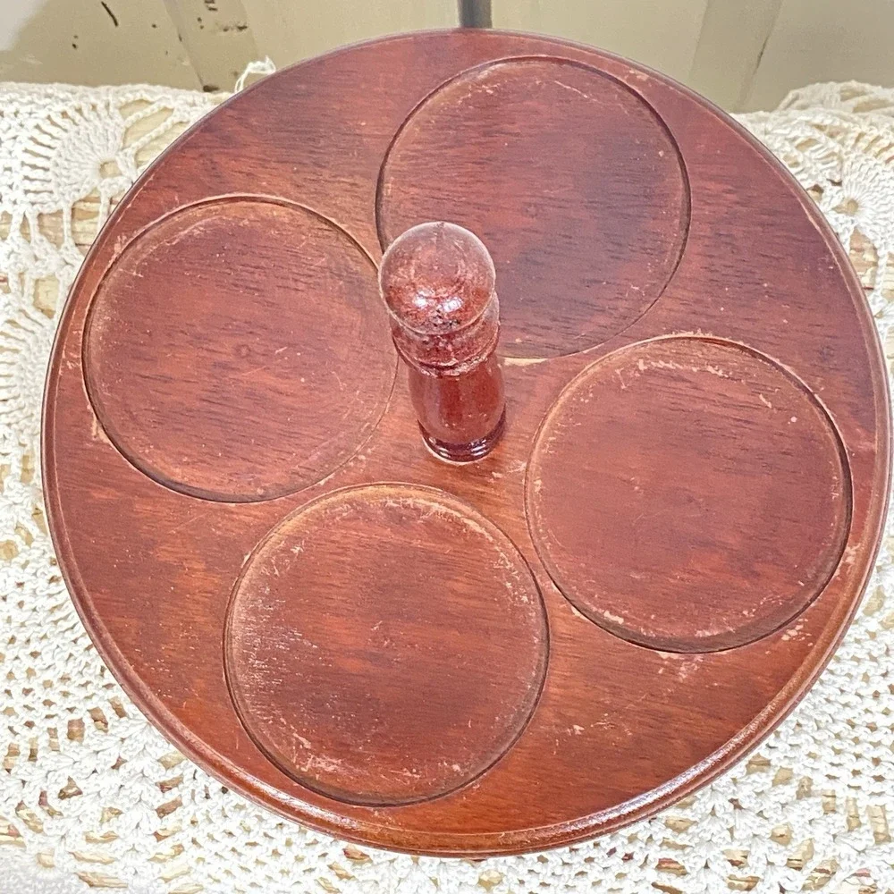 Vintage Stoneware Condiment Set w/4 Covered Labeled Jars & Spoons on Lazy‎ Susan